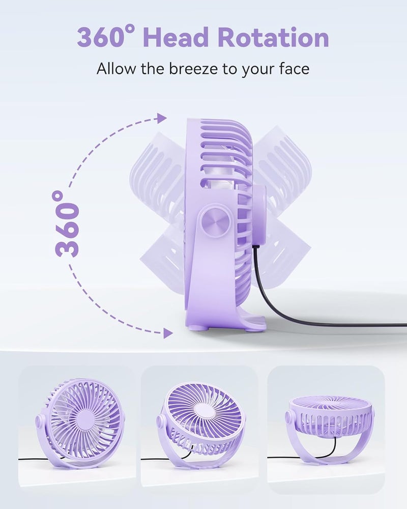 Edvision USB Desk Fan, 5 Inch Mini Portable, 3 Speeds Strong Airflow Personal Desktop, Detachable Cooling Fan 360° Rotation Quiet Small Fan for Desk Home Office Travel Car, Purple, 5ft Cable - Image 3